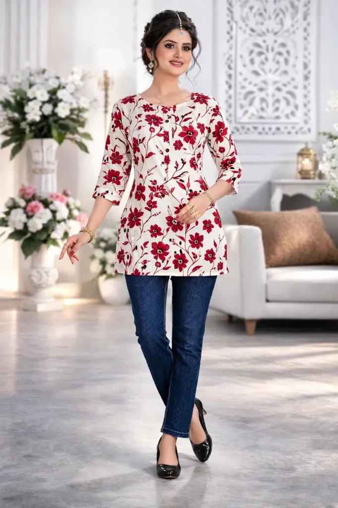 Jeans short kurti (M, PINK)