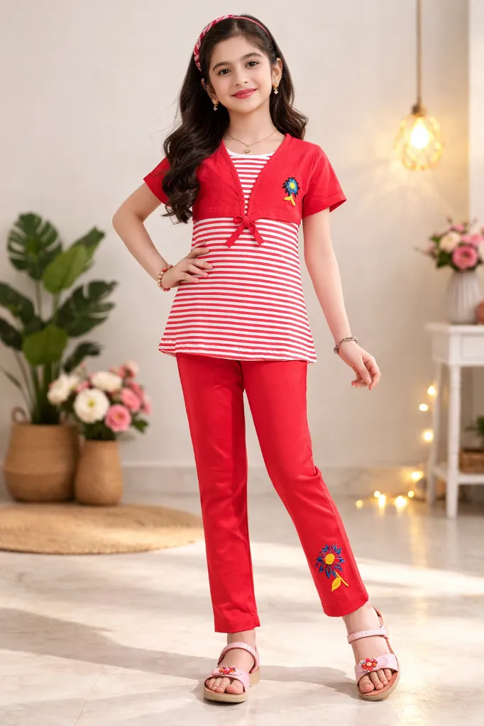 Girls Flower T-shirt & Capri (S(6 -7 Years), PINK)