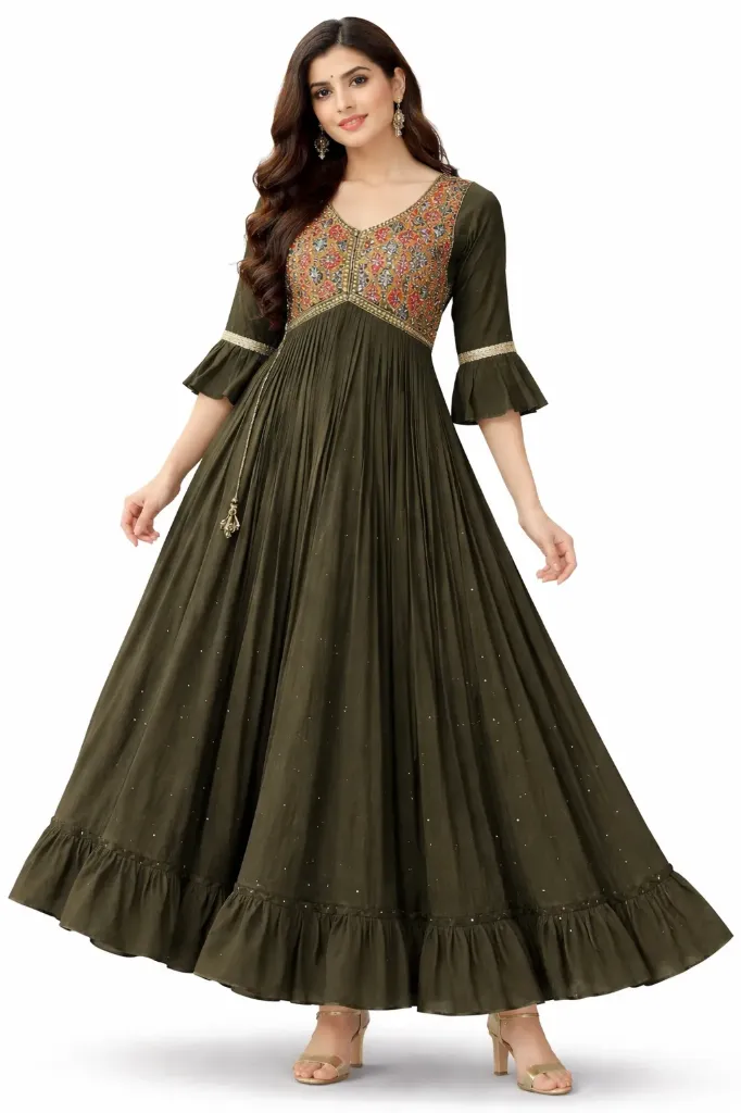 Embroidered  Anarkali gown (38, Olive)